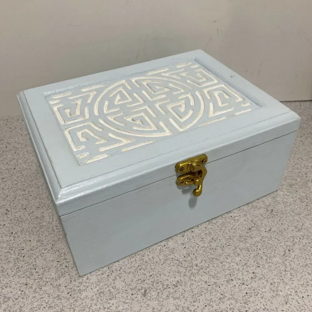 Vintage jewelry trinket keepsake box modified wood painted blue & white crafted
